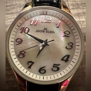 Anne Klein genuine leather black and mother of pearl watch
